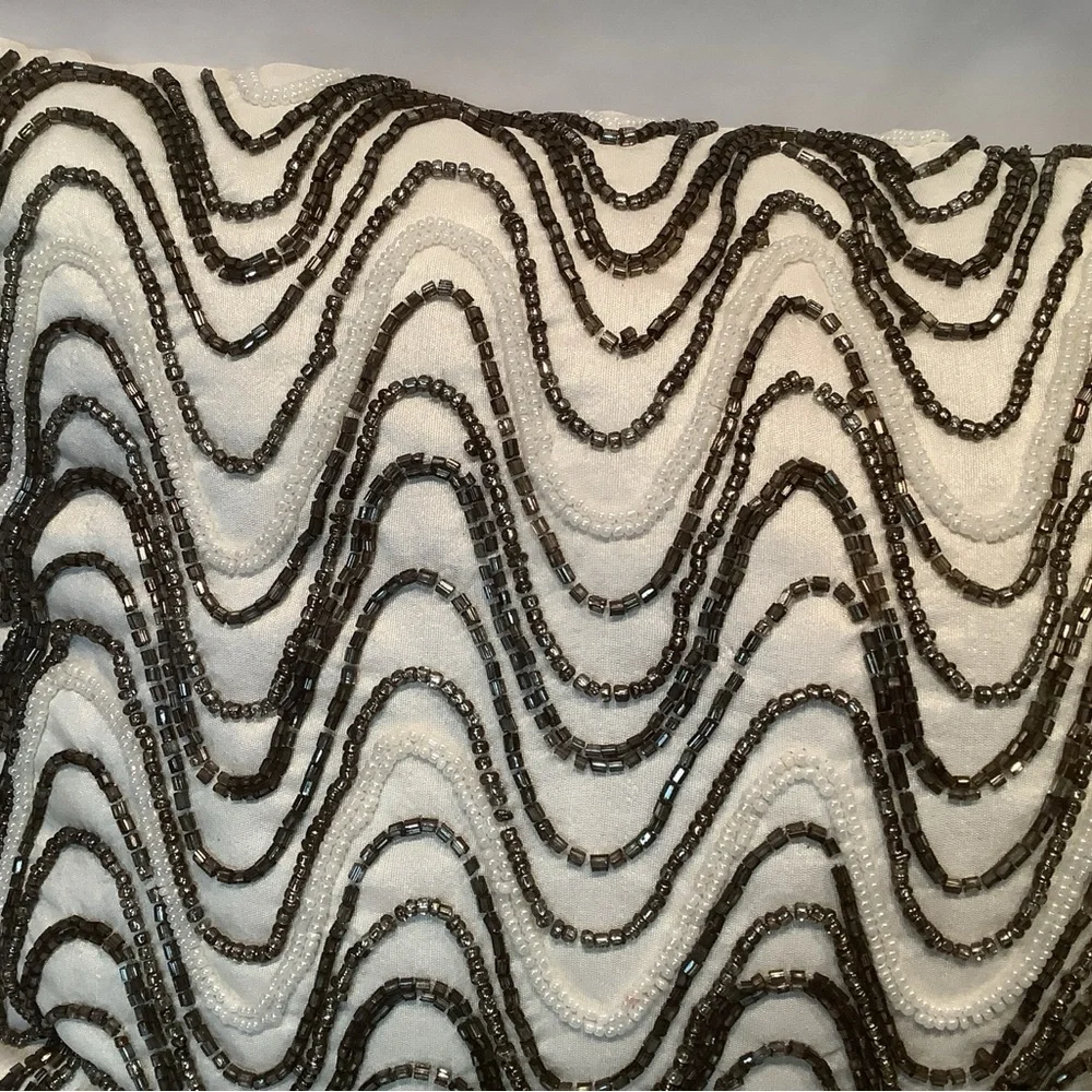 Pier 1 Beaded Throw Pillow Metallic Cream Bronze Wave Satin Back 20